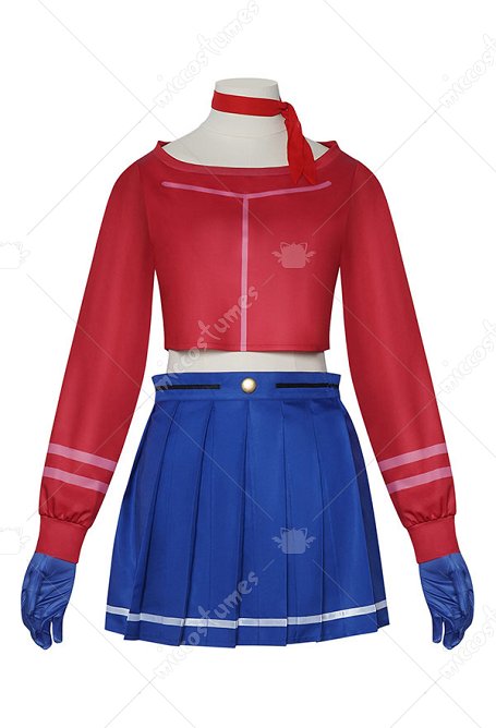 MiSide Mita Cosplay Kostüm Rotes Oberteil Blauer Rock mit Handschuhen Strümpfen