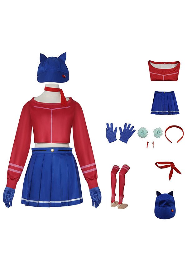 MiSide Mita Cosplay Costume Red Top Blue Skirt with Gloves Stockings