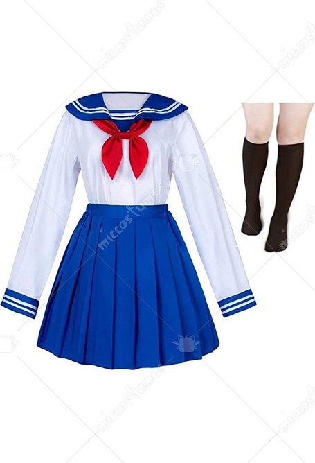 MiSide Mita Cosplay Kostüm Matrosenanzug Weiß Blaues Oberteil Rock mit Fliege Socken