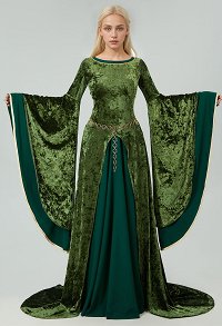 Renaissance Medieval Style Elinor Derivative Long Wide Sleeves Green Velvet Dress and Waist Chain Cosplay Costume