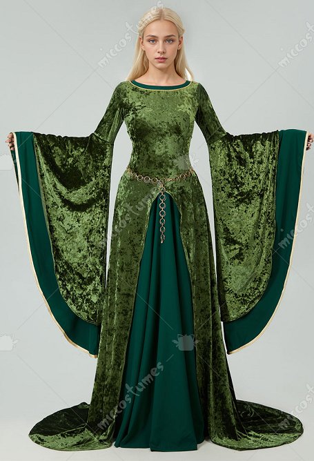 Vestido Elinor de terciopelo verde con mangas largas y anchas de estilo medieval renacentista y cadena en la cintura