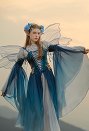 Vestido azul degradado con mangas estilo elfo, ropa renacentista medieval, disfraz de cosplay
