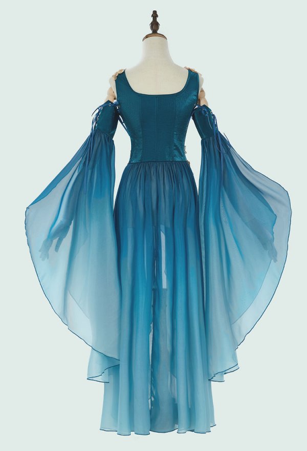 Vestido azul degradado con mangas estilo elfo, ropa renacentista medieval, disfraz de cosplay