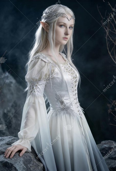 Vestido de estilo elfo medieval renacentista, blanco y gris degradado, con mangas, disfraz de cosplay