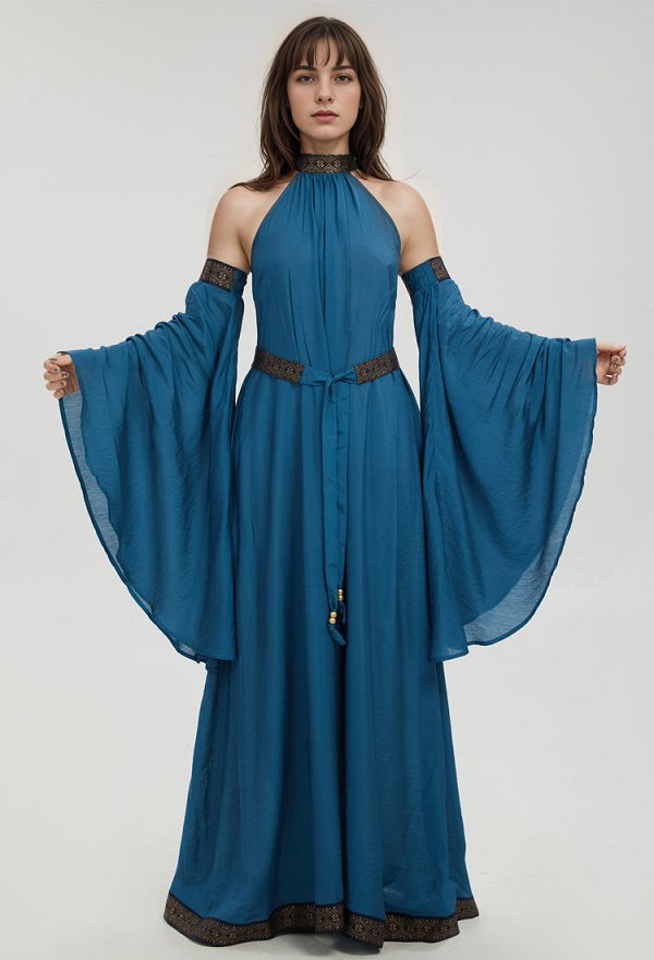 Medieval Renaissance Dress Costume Viking Elf Off Shoulder Dress with Belt and Sleeves Cosplay Costume