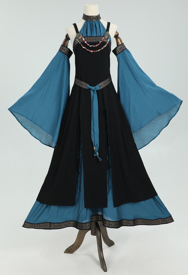 Medieval Renaissance Dress Costume Viking Elf Off Shoulder Dress with Belt and Sleeves Cosplay Costume