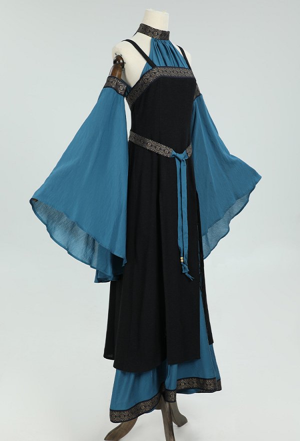 Medieval Renaissance Dress Costume Viking Elf Off Shoulder Dress with Belt and Sleeves Cosplay Costume
