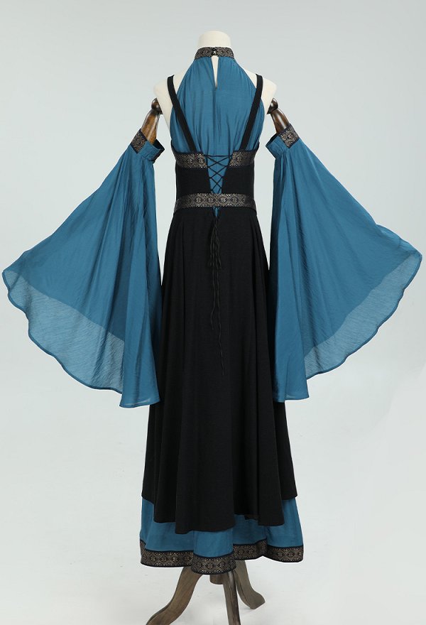 Medieval Renaissance Dress Costume Viking Elf Off Shoulder Dress with Belt and Sleeves Cosplay Costume