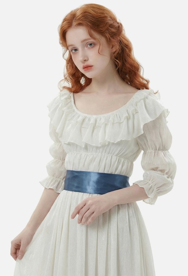 Cakuoyi Women Renaissance Medieval Costume Rococo Dress White Ruffle Dress with Belt Cakuoyi Women Renaissance Medieval Costume Rococo Dress White Ruffle Dress with Belt