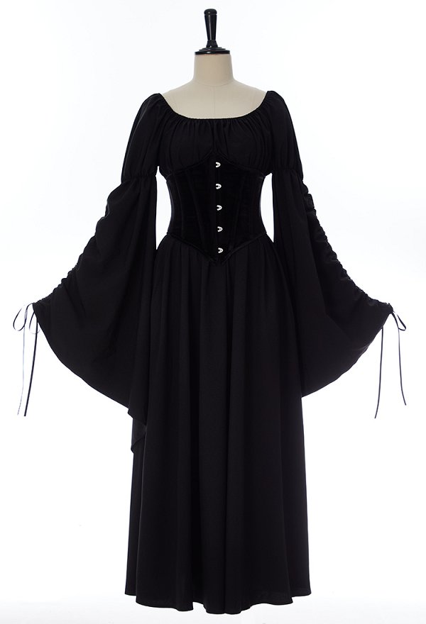 Mittelalterliches Renaissance Kleid im Hexenstil mit Rundhalsausschnitt weiten Ärmeln Bund