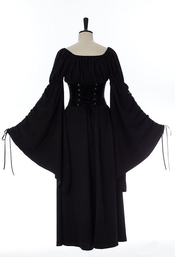 Mittelalterliches Renaissance Kleid im Hexenstil mit Rundhalsausschnitt weiten Ärmeln Bund