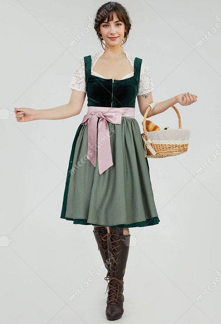 Disfraz de Cosplay Vestido Tradicional Alemán de Estilo Medieval con Cuello Cuadrado y Delantal
