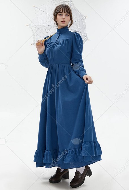 Disfraz de Cosplay Vestido Largo de Estilo Medieval con Encaje Mangas Abullonadas y Cuello Alto