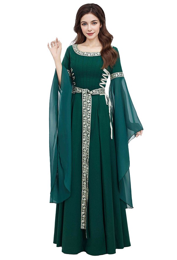 Traje Medieval Renacimiento Vestido Vintage Verde Oscuro con Cinturón Trenzado Traje Medieval Renacimiento Vestido Vintage Verde Oscuro con Cinturón Trenzado