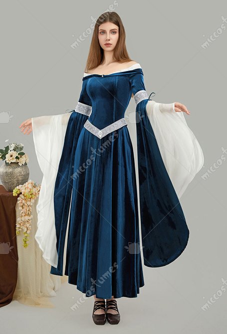 Traje Medieval Renacimiento Elfo Estilo Off Shoulder Terciopelo Azul Vestido Largo Slim