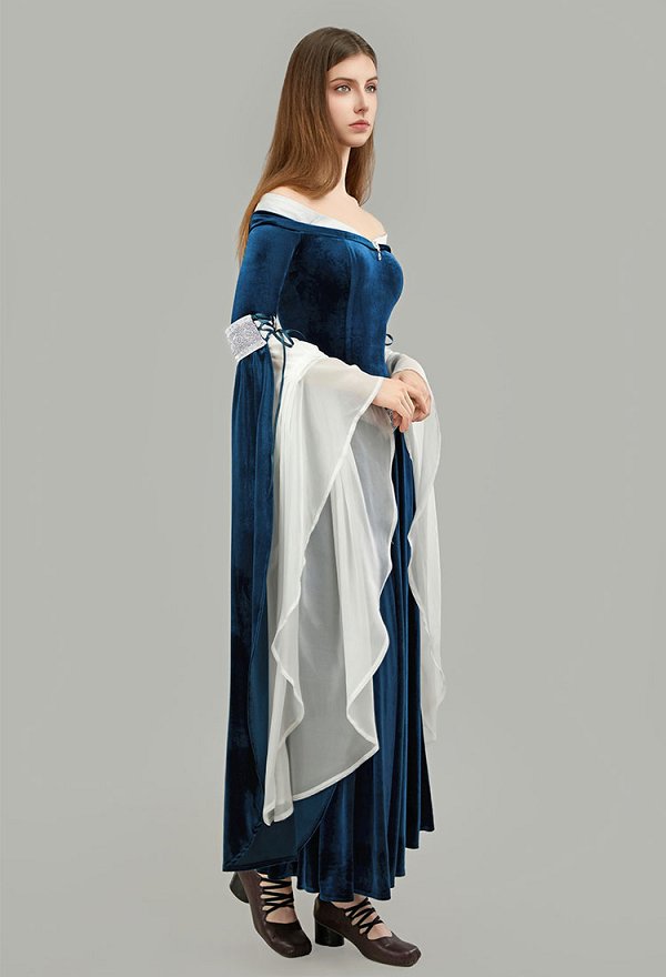 Medieval Renaissance Costume Elf Style Off Shoulder Blue Velvet Long Slim Dress