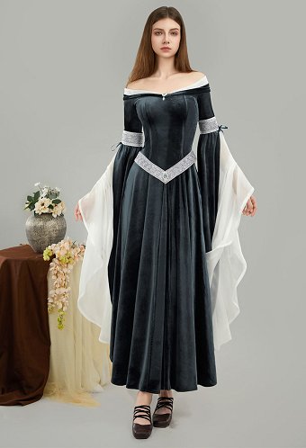 Medieval Dress Renaissance Fairy Elf Style Off Shoulder Grey Velvet Long Slim Fit Dress