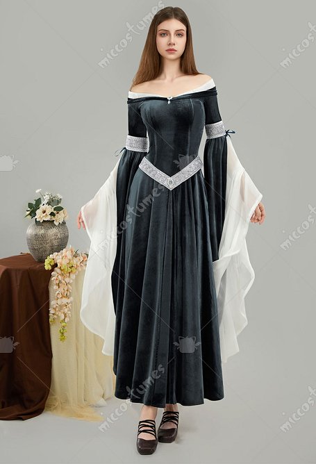 Mittelalterliches Renaissance Kostüm im Elfen-Stil Schulterfreies Langes Geschnittenes Kleid aus Grau Samt