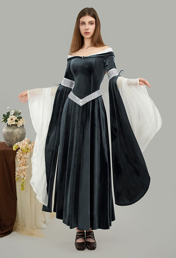 Vestido Medieval Renaissance Fairy Elf Style Off Shoulder Grey Velvet Long Slim Fit Dress