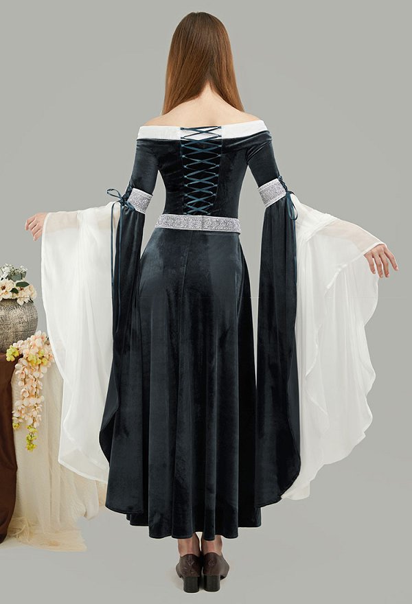Vestido Medieval Renaissance Fairy Elf Style Off Shoulder Grey Velvet Long Slim Fit Dress