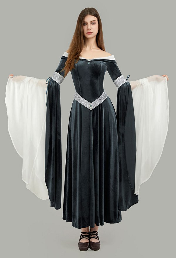 Vestido Medieval Renaissance Fairy Elf Style Off Shoulder Grey Velvet Long Slim Fit Dress