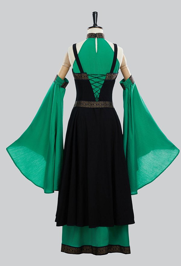 Disfraces Medievales Renacimiento Vikingo Elfo Estilo Negro y Verde Vestido sin Hombros con Cinturón y Mangas