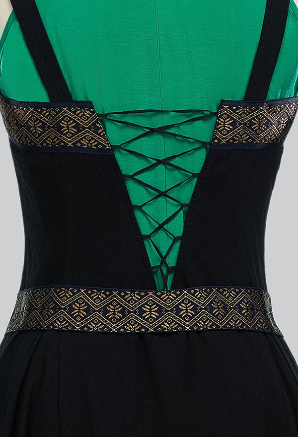 Disfraces Medievales Renacimiento Vikingo Elfo Estilo Negro y Verde Vestido sin Hombros con Cinturón y Mangas