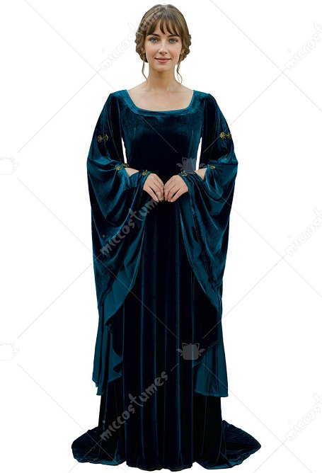 Mittelalterliches Kostüm Vintage Kleid Retro Dunkelgrünes Blau Samtkleid mit Weiten Ärmeln