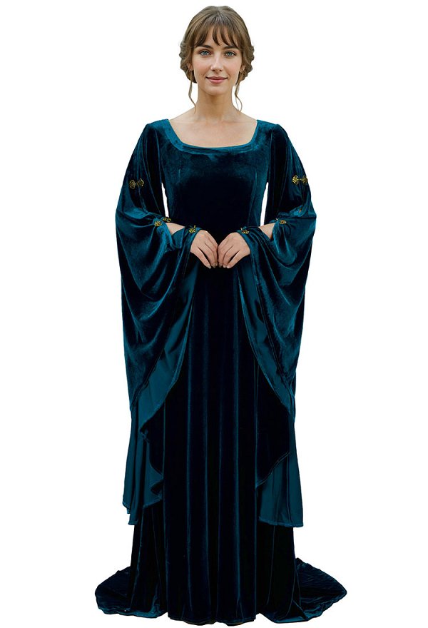 Medieval Renacimiento Histórico Azul Celta Hada Terciopelo Cuello Cuadrado Manga Ancha Vestido Largo