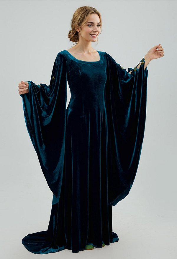 Medieval Renacimiento Histórico Azul Celta Hada Terciopelo Cuello Cuadrado Manga Ancha Vestido Largo
