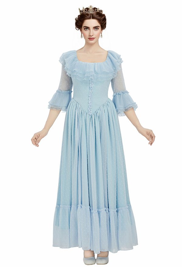 Rococó Medieval Vestido azul de María Antonieta largo con escote cuadrado y lunares