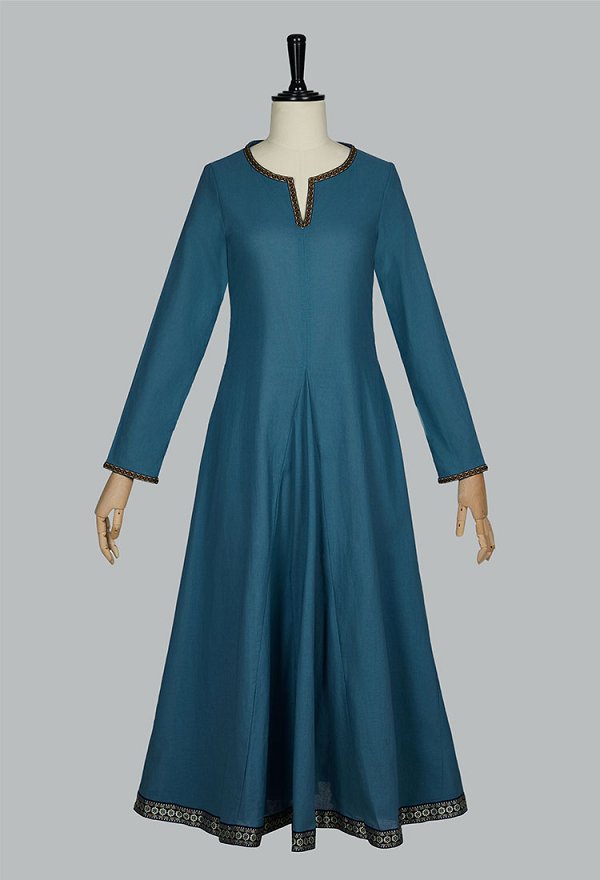 Renacentista medieval Vikingo Vestido forro de estilo cortesano de azul