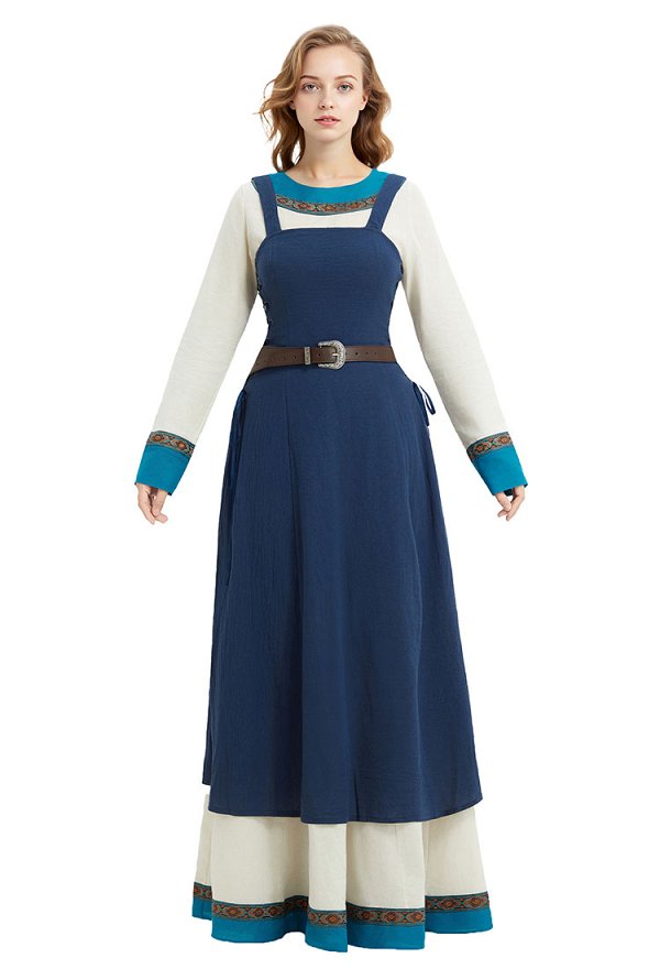 Medieval Viking Dress Set Vintage Long Sleeve Underdress with Suspender Overdress and Belt