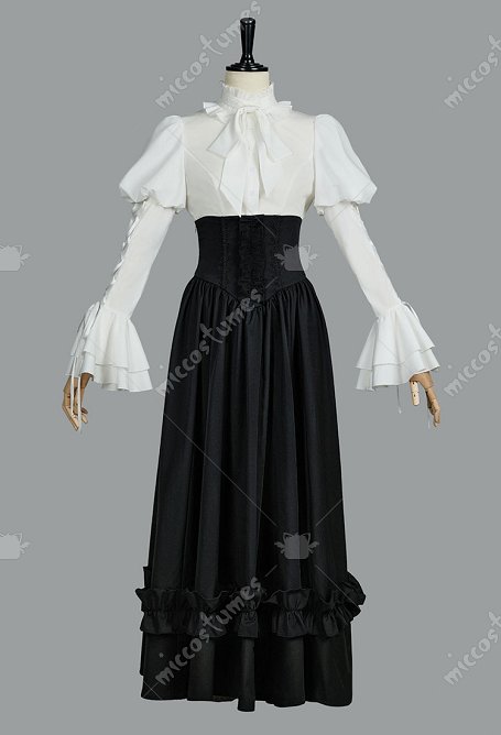 Vintage Estilo Victoriano Blusa Falda Conjunto Medieval Gótico Disfraz de Halloween con Corbata