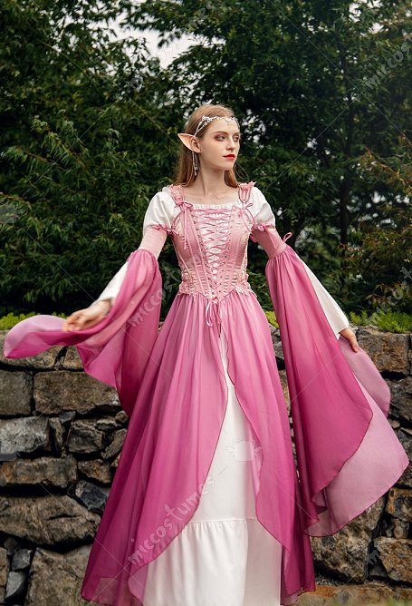 Cosplay Traje Moda Renacentista Medieva Vestido Rosa Degradado de Estilo Élfico con Mangas
