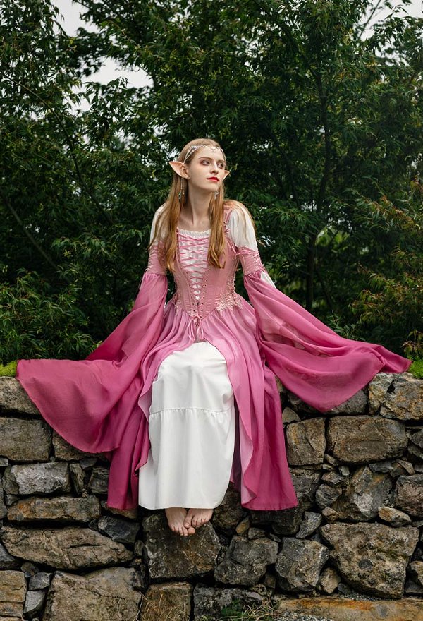Cosplay Traje Moda Renacentista Medieva Vestido Rosa Degradado de Estilo Élfico con Mangas