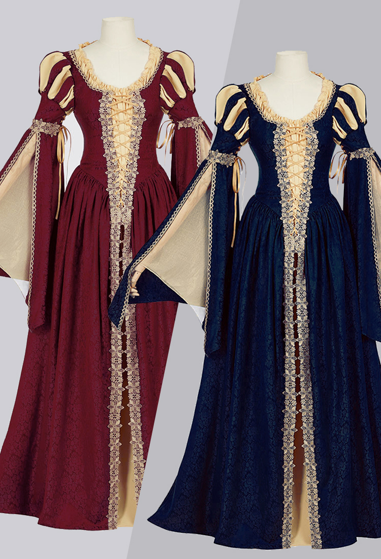 Daizbella Medieval Renaissance Court Dress Vintage Lace-Up Bell Sleeves Maxi Dress