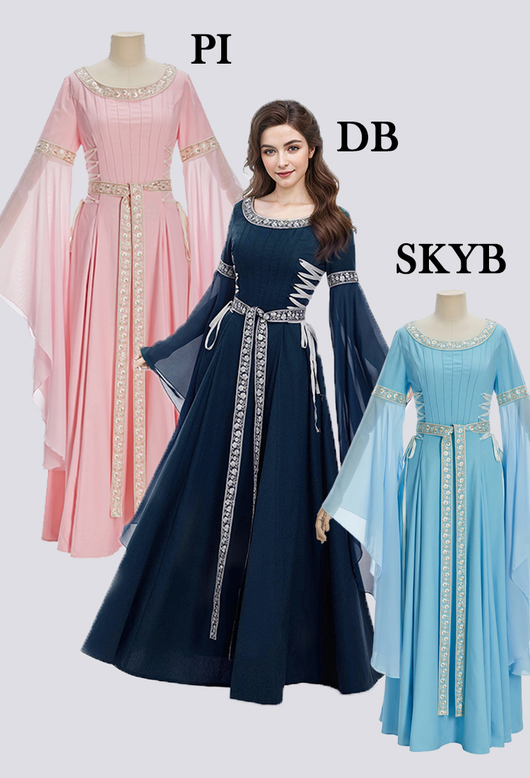 Daizbella Medieval Renaissance Vintage Bell-Sleeved Dress with Braided Belt