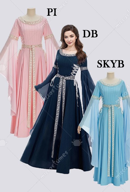 Daizbella Medieval Renaissance Vintage Bell-Sleeved Dress with Braided Belt