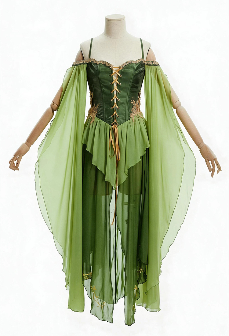 Vestido Verde Estilo Elfo Medieval Daizbella Sobrefalda de Feria Renacentista