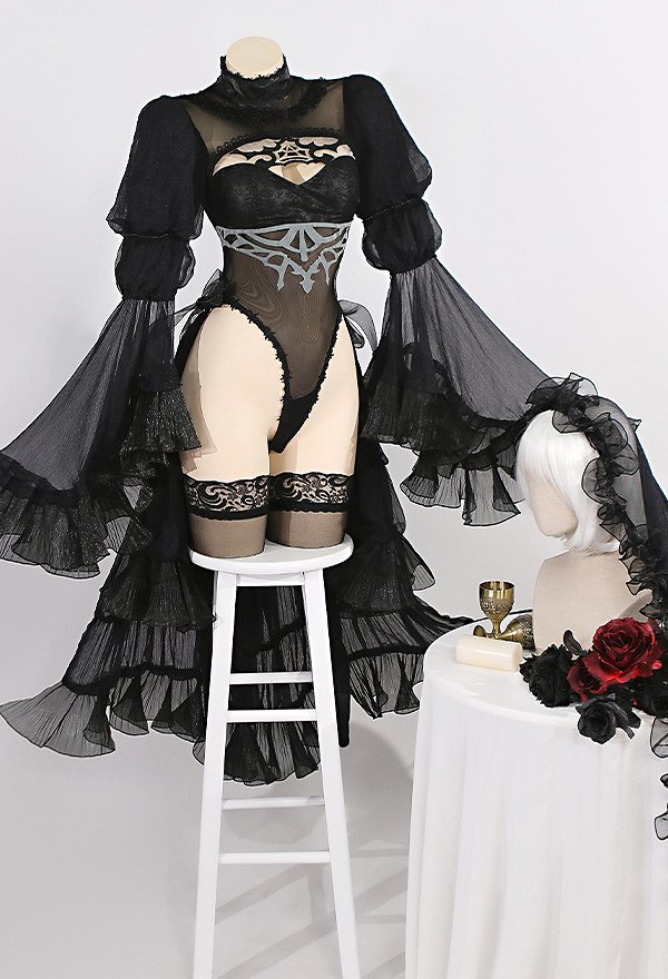 NieR YoRHa No.2 Type B 2B Wedding Bride Cosplay Costume Black Bridal Leotardo con Velo y Guantes