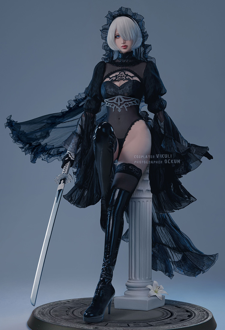 NieR YoRHa No.2 Type B 2B Wedding Bride Cosplay Costume Black Bridal Leotardo con Velo y Guantes