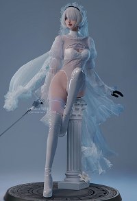 Justaucorps Blanc Dérivé Nr:Automata YoRHa No.2 Type B 2B Style Mariage Manche Bouffante Longue Set avec Voile Bas Gant