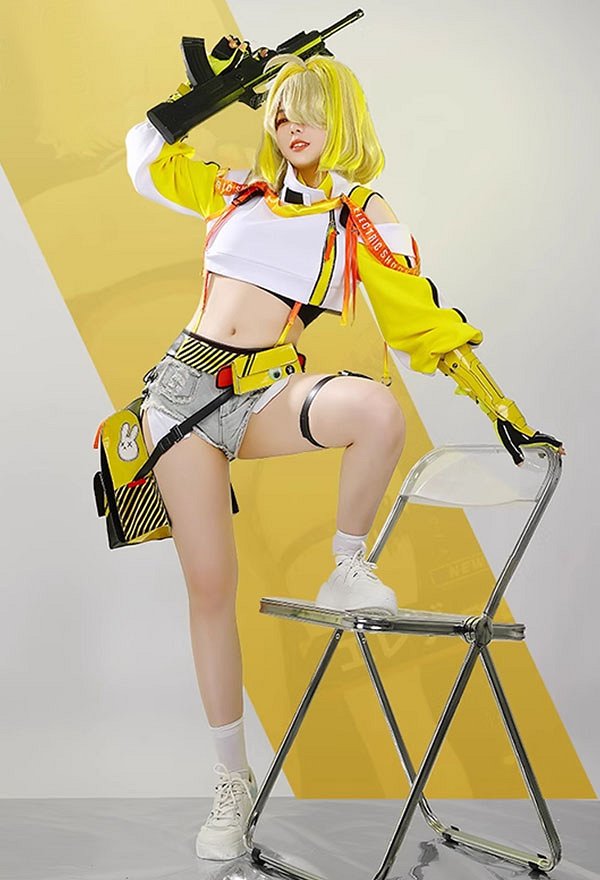 Goddess of Victory: Nikke Elegg Disfraz de Cosplay Top de ombligo y pantalón corto con guantes y riñonera