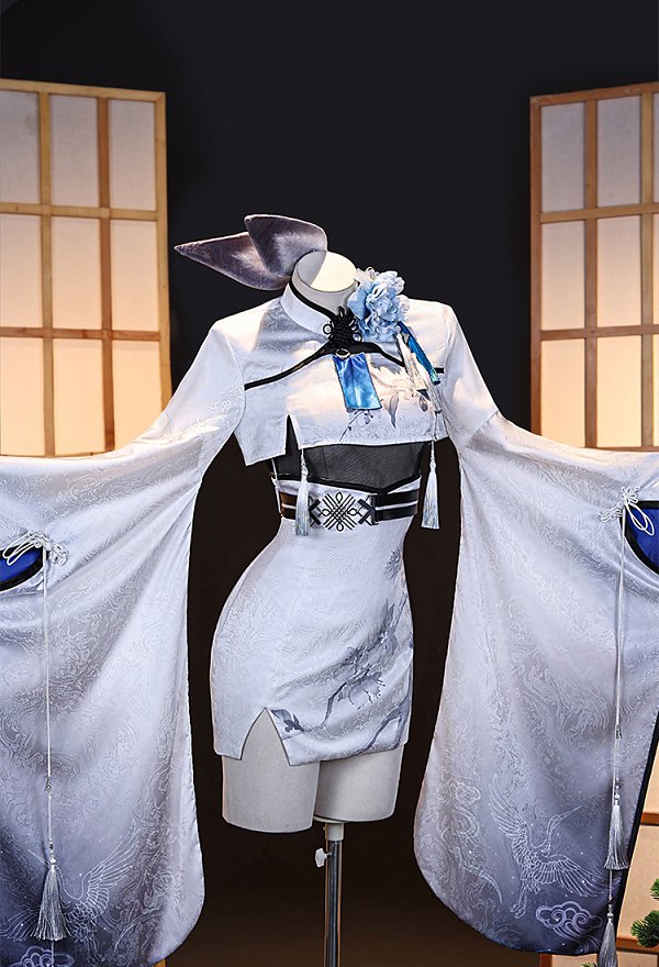 Goddess of Victory: Nikke Shiro Tsuru‌ Veiled Order Squad Skin Cosplay Costume Dress and Jacket with Bunny Ear Headpiece and Belt