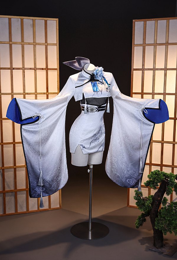 Goddess of Victory: Nikke Shiro Tsuru‌ Veiled Order Squad Skin Cosplay Costume Dress and Jacket with Bunny Ear Headpiece and Belt