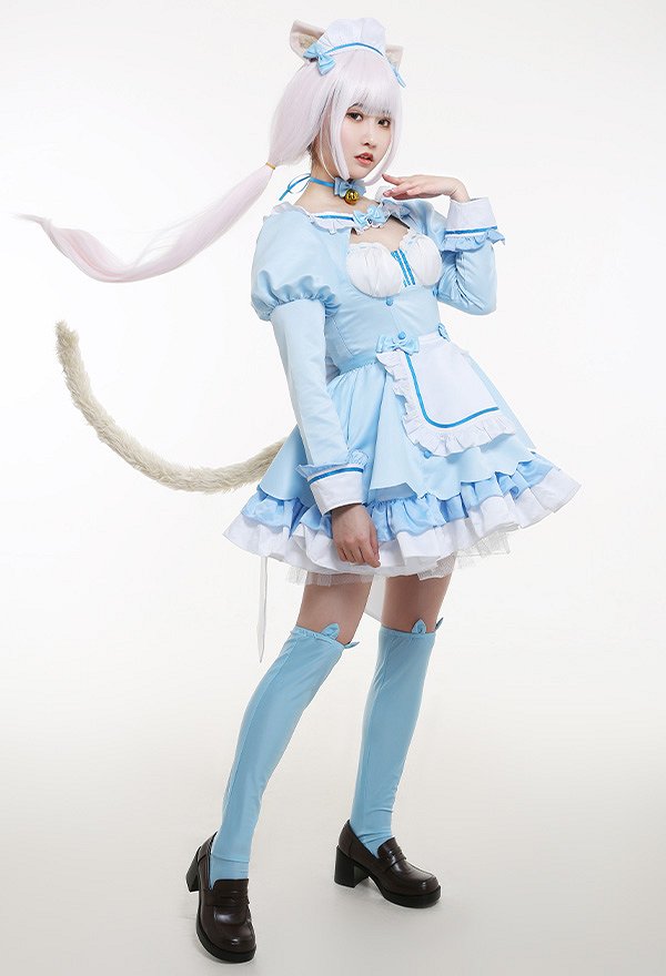 Nekopara Vol. 4 Vanilla Catgirl Cosplay Costume Chest Open Maid Dress Ruffled Round Collar Long Sleeve Full Set with Ears Hairband Choker Tail