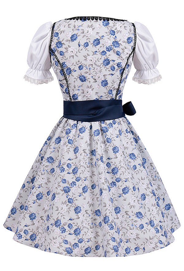 Oktoberfest Dress Blue White Floral Dress Maid Style Clubwear Party Dress with Apron