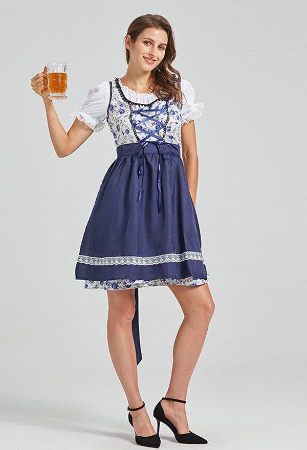 Oktoberfest Dress Blue White Floral Dress Maid Style Clubwear Party Dress with Apron
