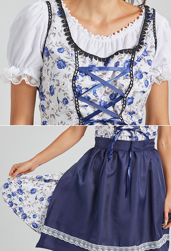 Oktoberfest Dress Blue White Floral Dress Maid Style Clubwear Party Dress with Apron